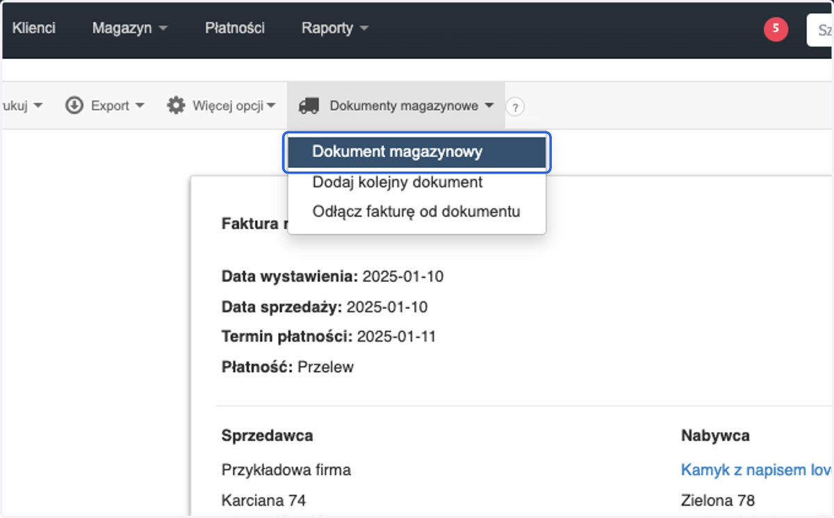 Tworzymy dla tej faktury dokument wydania korzystając z zakładki 'Dokumenty magazynowe > Dokument magazynowy'.