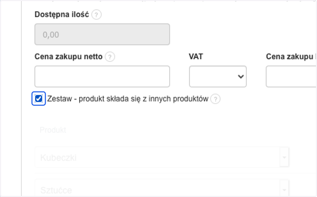 Zaznacz pole 'Zestaw - produkt składa się z innych produktów' w sekcji dodatkowych opcji.