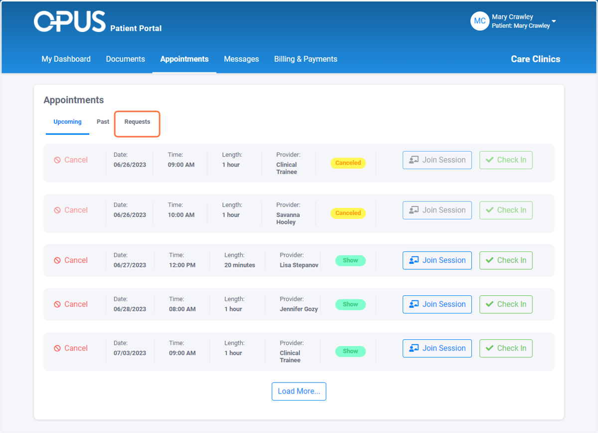 Click on Requests to see the status of your appointment request
