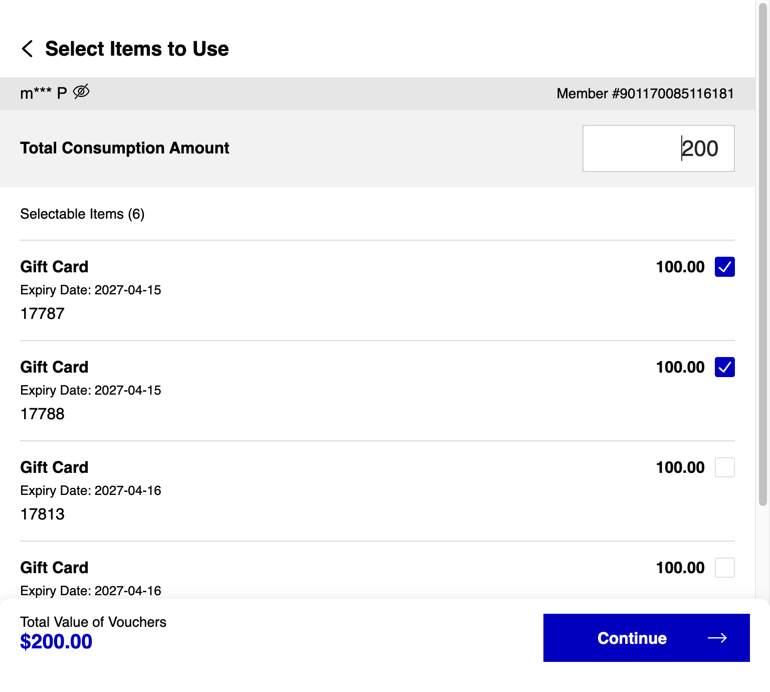 Fill in the Total Consumption Amount. The system will automatically select the available gift card for deduction. You can manually select a different gift card to deduct if needed.
