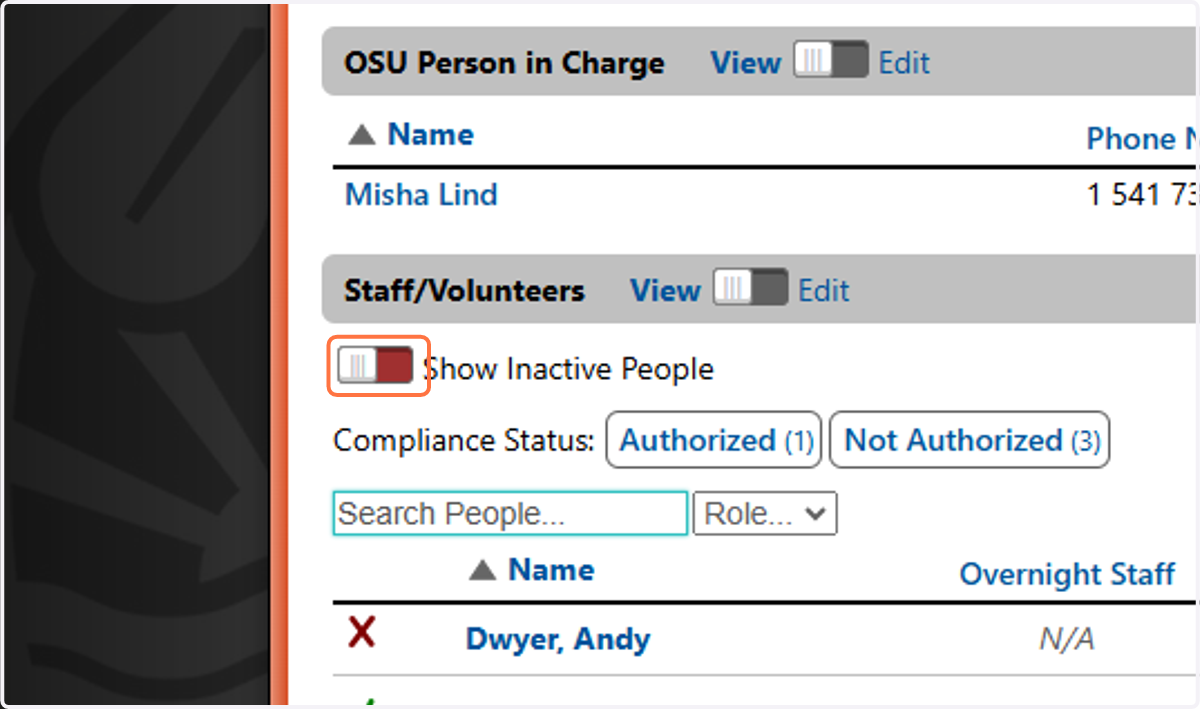 Toggle the switch next to Show Inactive People to view compliance information for personnel whose inactive date is in the past