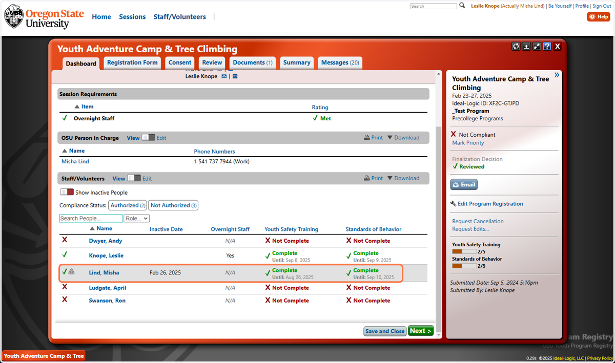 The inactive date shows along with the compliance status