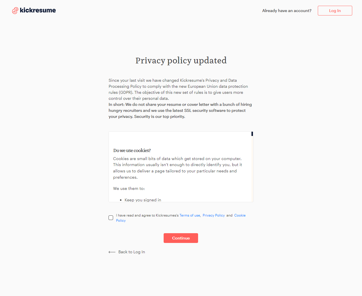 After you are successfully authenticated (e.g. via Google, as shown), you should return to the KickResume app and continue.: Click to acknowledge the terms, and continue.