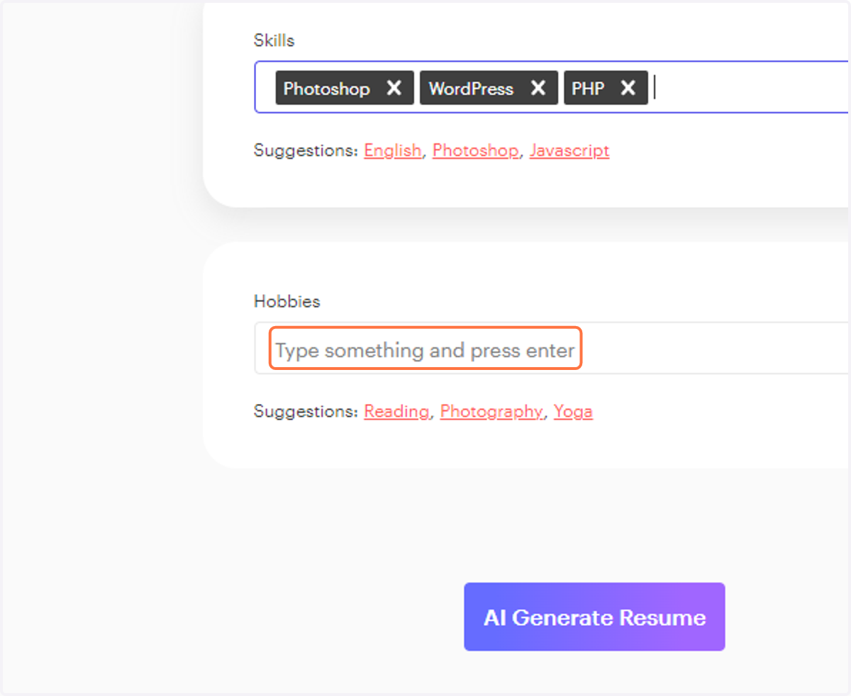 Click on "Type something" - type ONE skill then press ENTER (no commas). Repeat