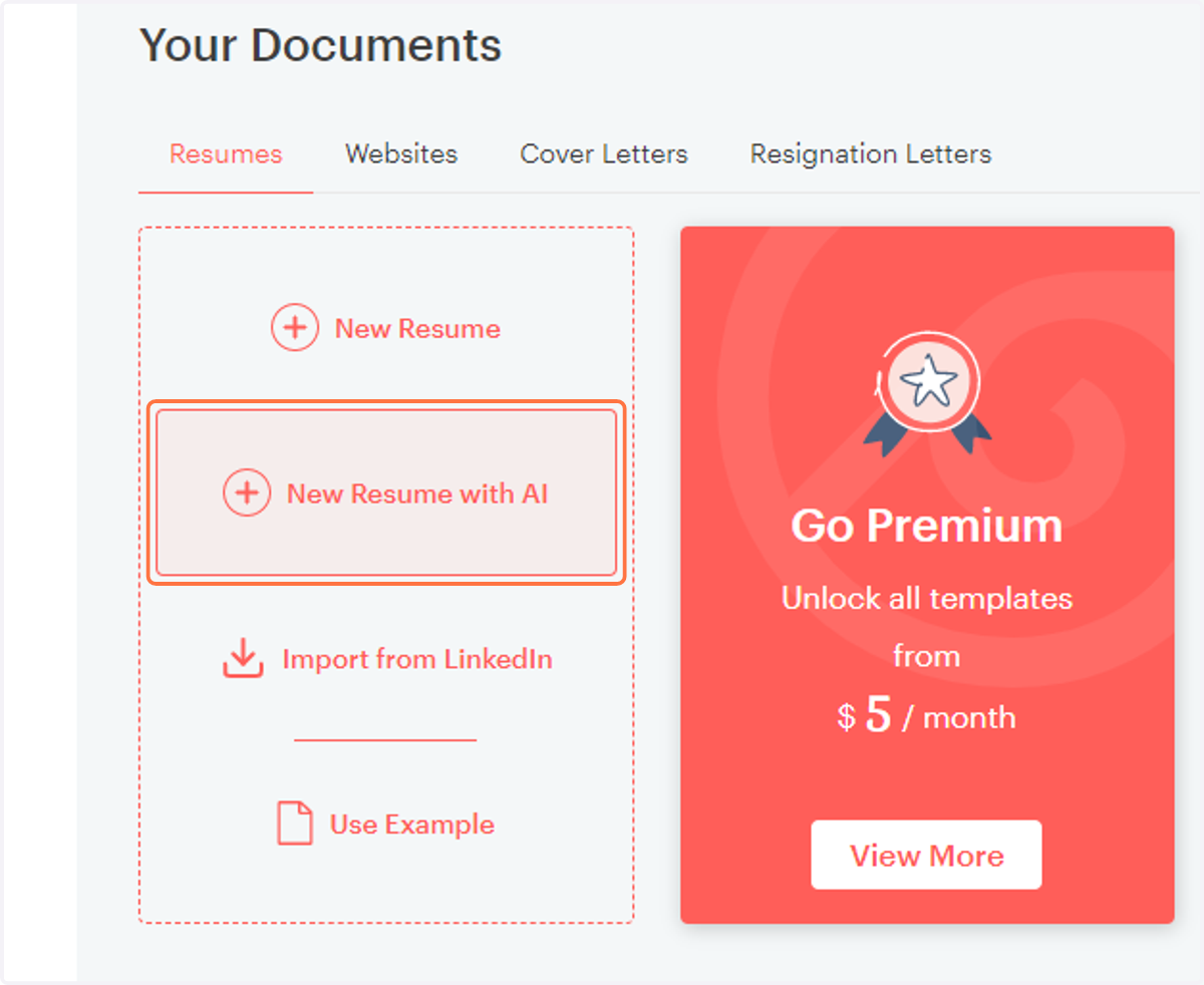 Click on New Resume with AI