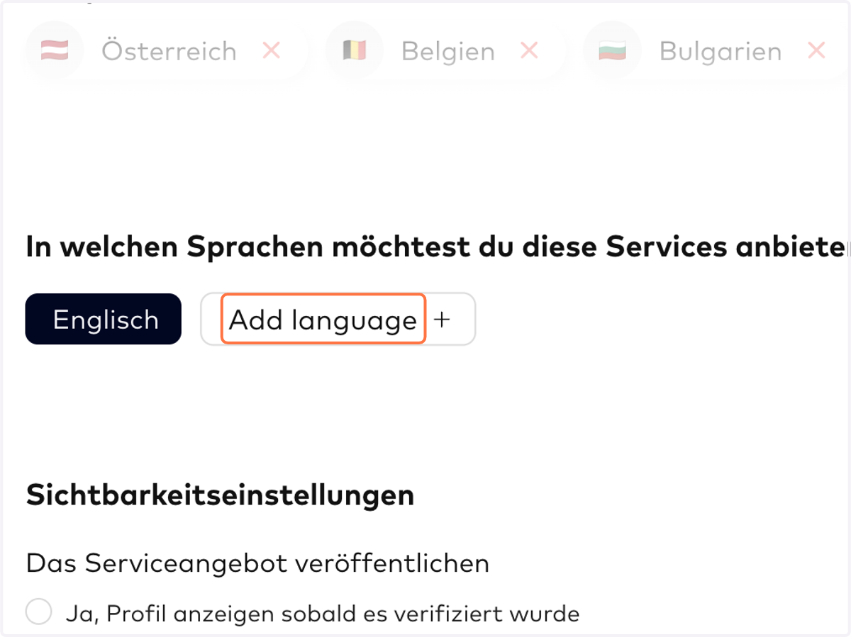 TUTORING-SPRACHEN: An diesem Punkt kannst du einstellen, in welchen Sprachen du Tutoring anbieten möchtest.