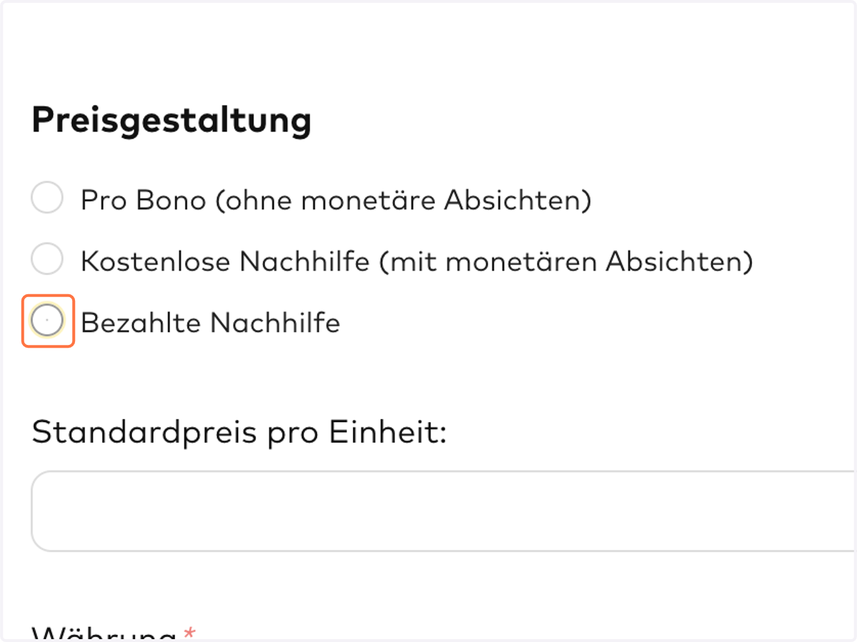 PREIS: Bitte gib nun an, wie viel du für eine Tutoring-Session erhalten möchtest. Keine Sorge, du kannst das je Nachhilfepaket/Service auch individuell noch anpassen.