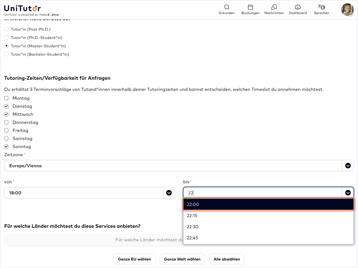 TUTORING-ZEITEN: Bitte gib an, zu welchen an Zeiten du grundsätzlich Tutoring-Sessions abhalten möchtest.