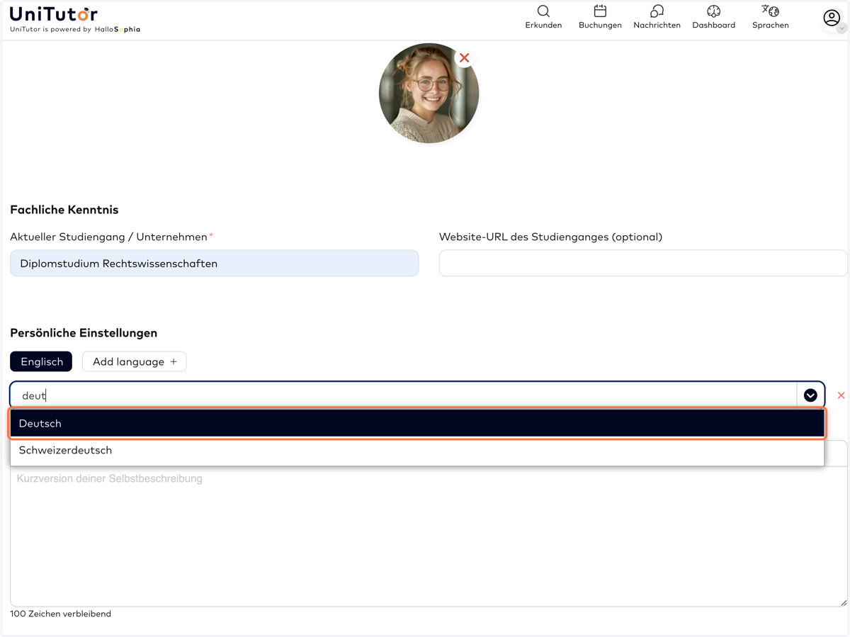 PROFILSPRACHEN: Suche nach der entsprechenden Sprache & wähle diese aus.