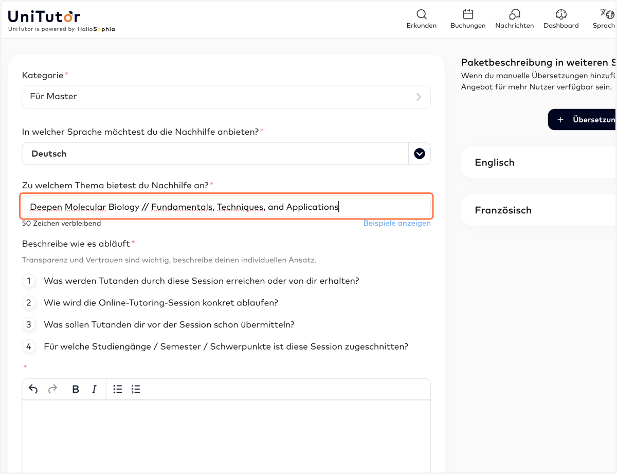 TITEL DES PAKETS: Vergib bitte einen aussagekräftigen Titel für dein Nachhilfepaket (am besten nicht auf Englisch, wenn du "Deutsch" als Sprache eingestellt hast ;-)