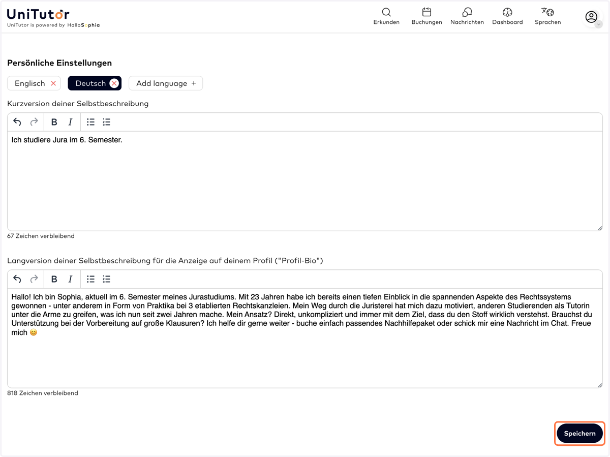 PROFIL-BIO: Bitte verfasse eine Kurz- & Langversion deiner Bio. Die Langversion wird öffentlich auf deinem Profil aufscheinen. Bitte beachte, dass du für jede Sprache deine Beschreibung übersetzen musst - wähle dafür den jeweiligen Sprachreiter je Sp
