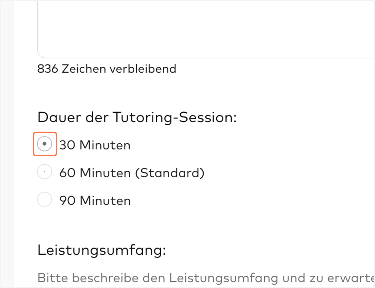 DAUER DER SESSION: Hier kannst du die Dauer der Tutoring-Session einstellen.