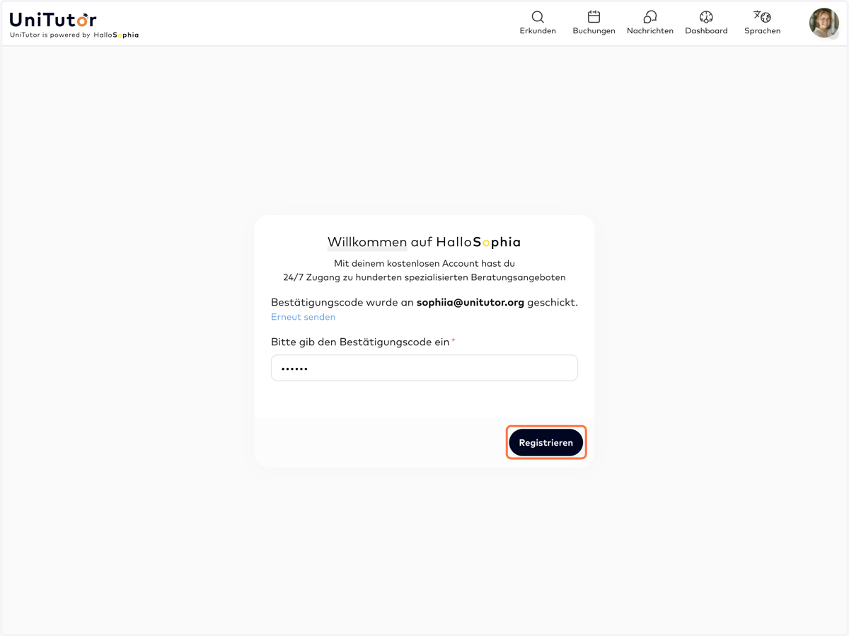 BESTÄTIGUNGSCODE: Bitte gib den Bestätigungscode aus der E-Mail von "Sophia" ein, die du soeben erhalten hast.