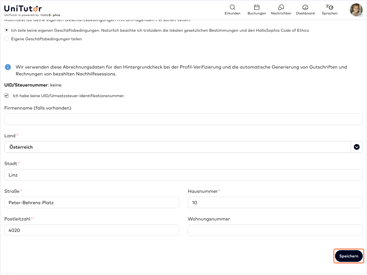 RECHNUNGSDATEN: Bitte vervollständige die Rechnungsdaten, damit unter anderem die automatische Rechnungserstellung für Tutand:innen reibungslos funktioniert.