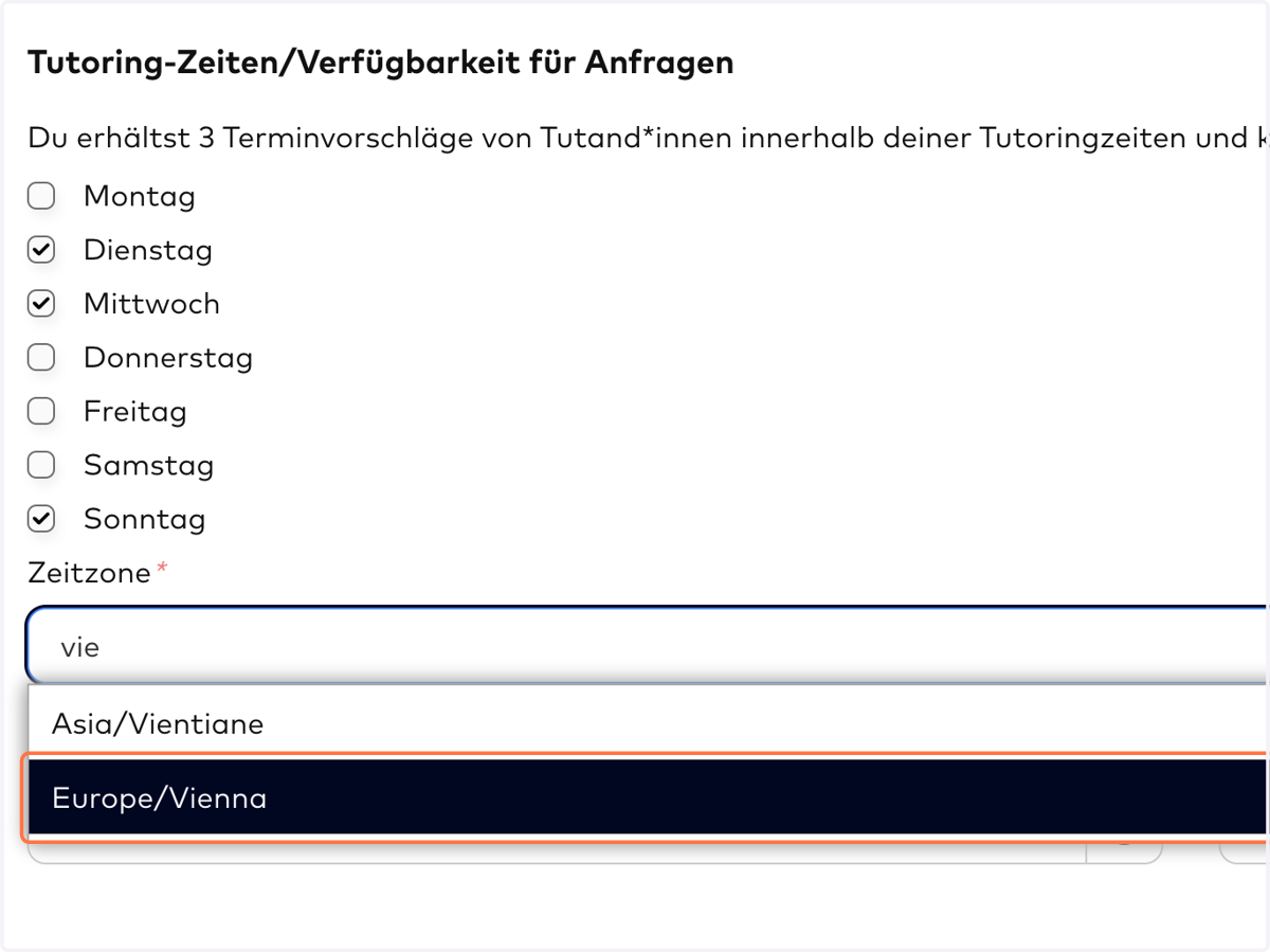 TUTORING-ZEITEN: Bitte wähle als Zeitzone "Europe/Vienna" aus.
