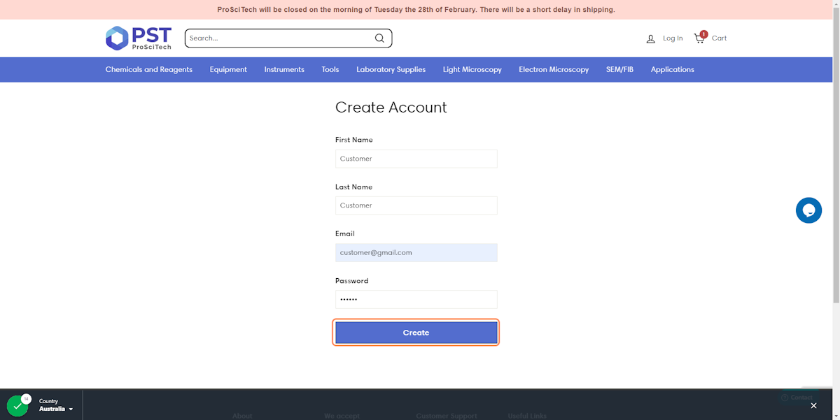 Fill in your name, email address, choose a password, and click "create"