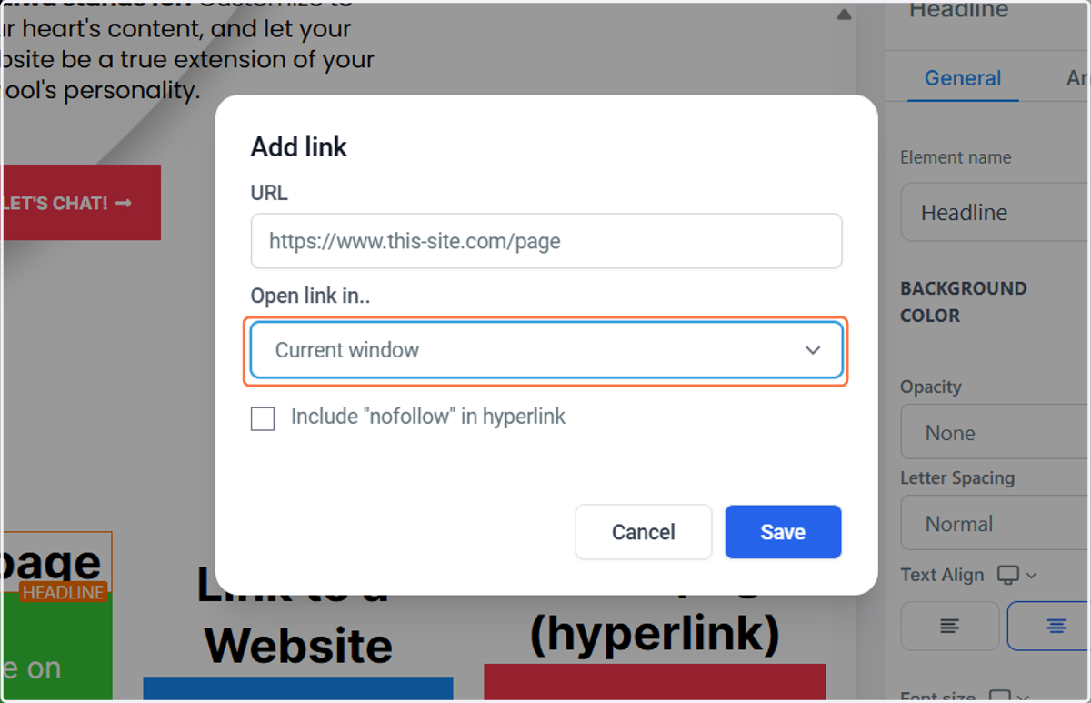 Choose where you want the link to open in