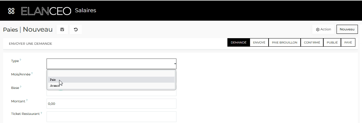 Cliquer sur "Paie" ou "Avance" selon votre choix