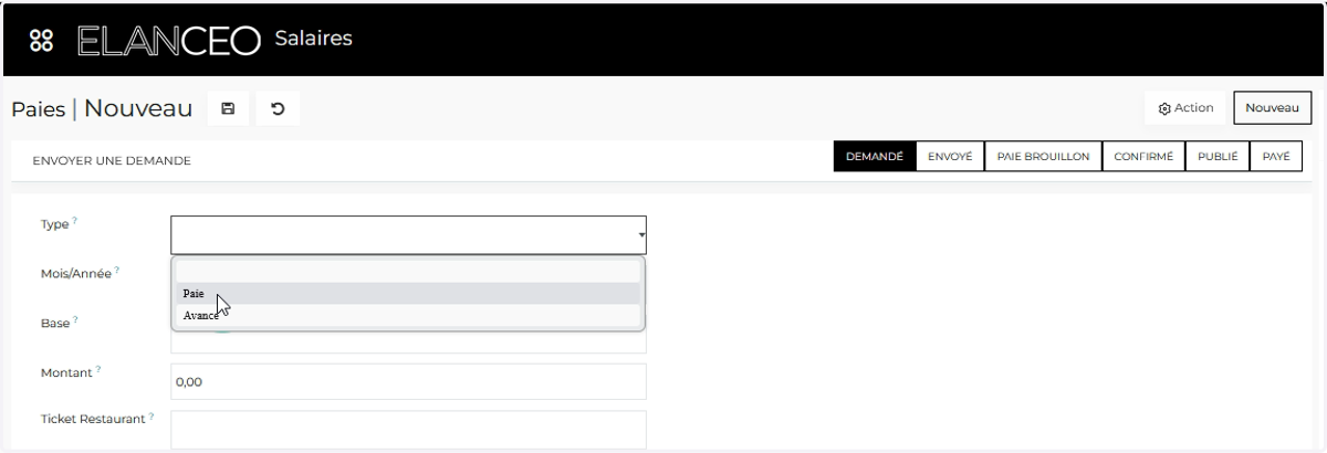 Cliquer sur "Paie" ou "Avance" selon votre choix
