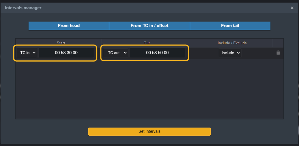 Now add the interval, by clicking on Add Intervals and click on from TCin/offset. Then select TCin and type the 00:58:30:00 and select TCout and type 00:58:50:00. Then click on Set intervals.