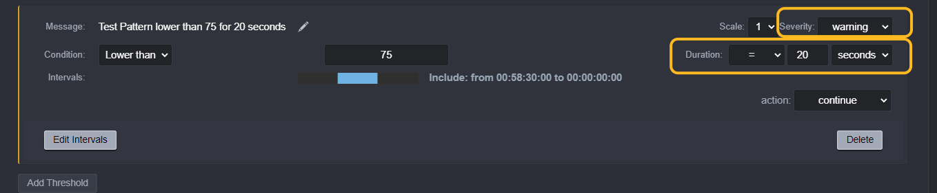 Now we will add a threshold for detecting color bars not present. So Click on Add Threshold and add a new warning or critical threshold for detection of "Test Pattern lower than 75 for 20 seconds".