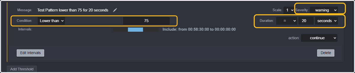 Now we will add a threshold for detecting color bars not present. So Click on Add Threshold and add a new warning or critical threshold for detection of "Test Pattern lower than 75 for 20 seconds".