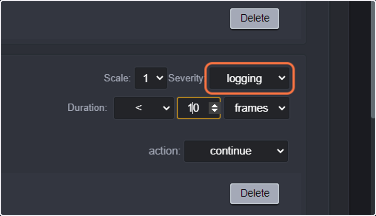 Select Blackness greater than 70 for less than 10 seconds and select warning or critical severity level.