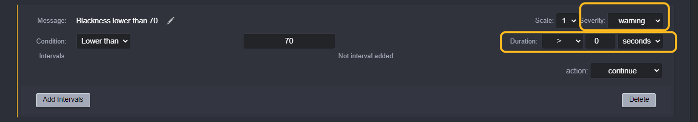 We now need to configure a threshold such as: "blackness is lower than 70 for any number of frames" and configure it as warning (orange) or critical (red).