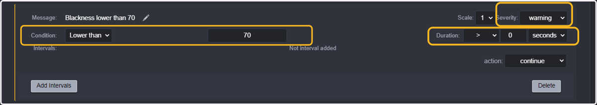 We now need to configure a threshold such as: "blackness is lower than 70 for any number of frames" and configure it as warning (orange) or critical (red).