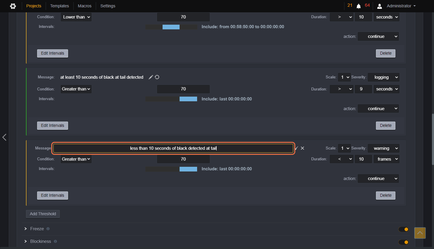 Now customize your message by typing "less than 10 seconds of black detected at tail".