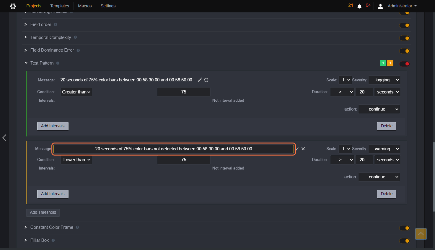 Type "20 seconds of 75% color bars not detected between 00:58:30:00 and 00:58:50:00".