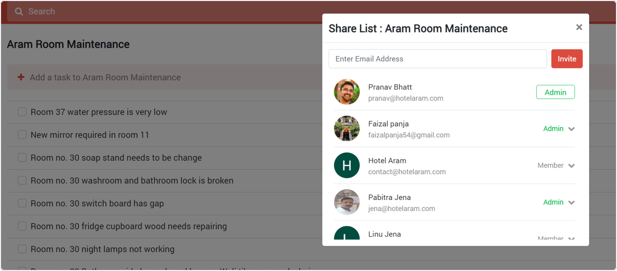 From this pop up, you can
1. Invite new users to your list
2. Remove a user from the list
3. Make the user an Admin or remove Admin rights