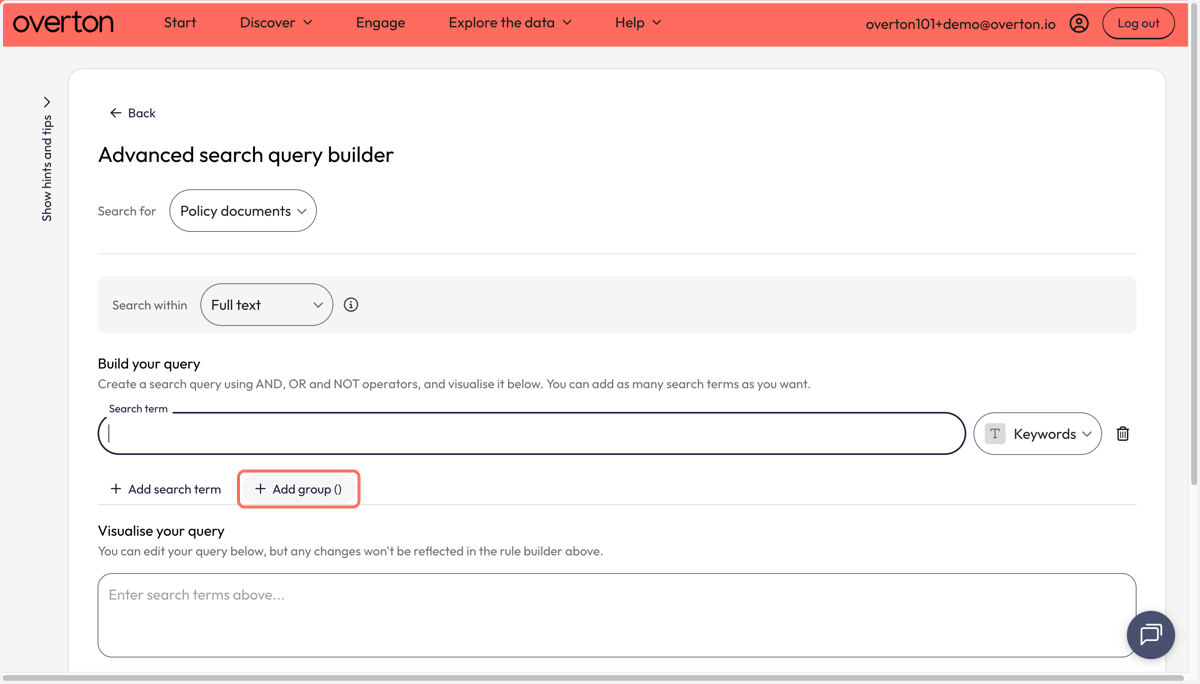 Click on 'Add group' to indicate you want to build a concept group of related search terms.