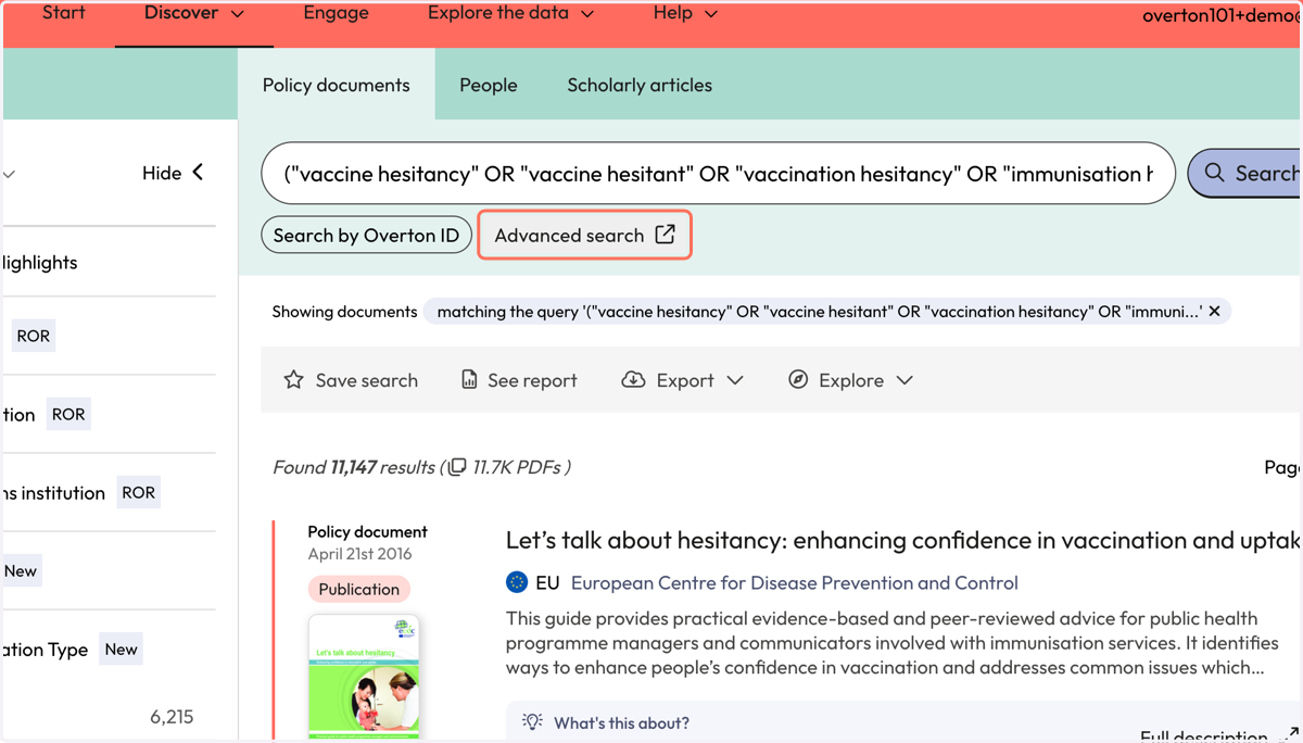 At any point, you can click on 'Advanced search' to refine your search or to add additional concept groups.