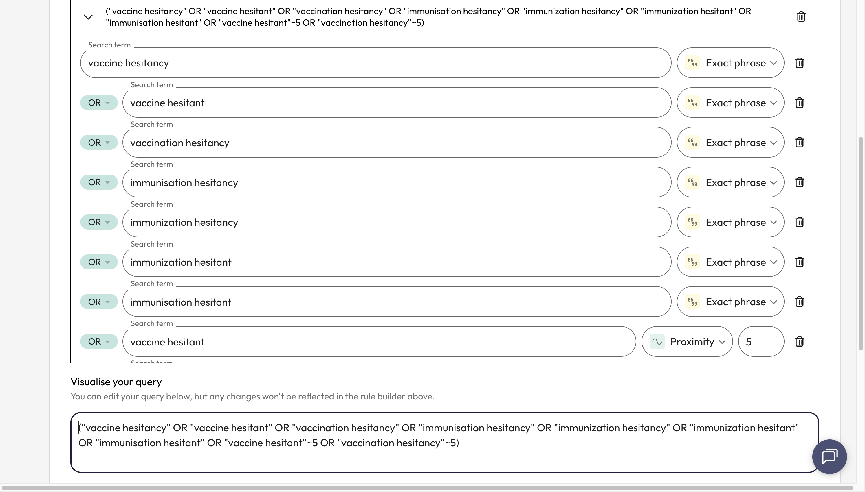 You may also want to consider including a search term using the proximity search to capture variants where the words may not be phrase but close together.