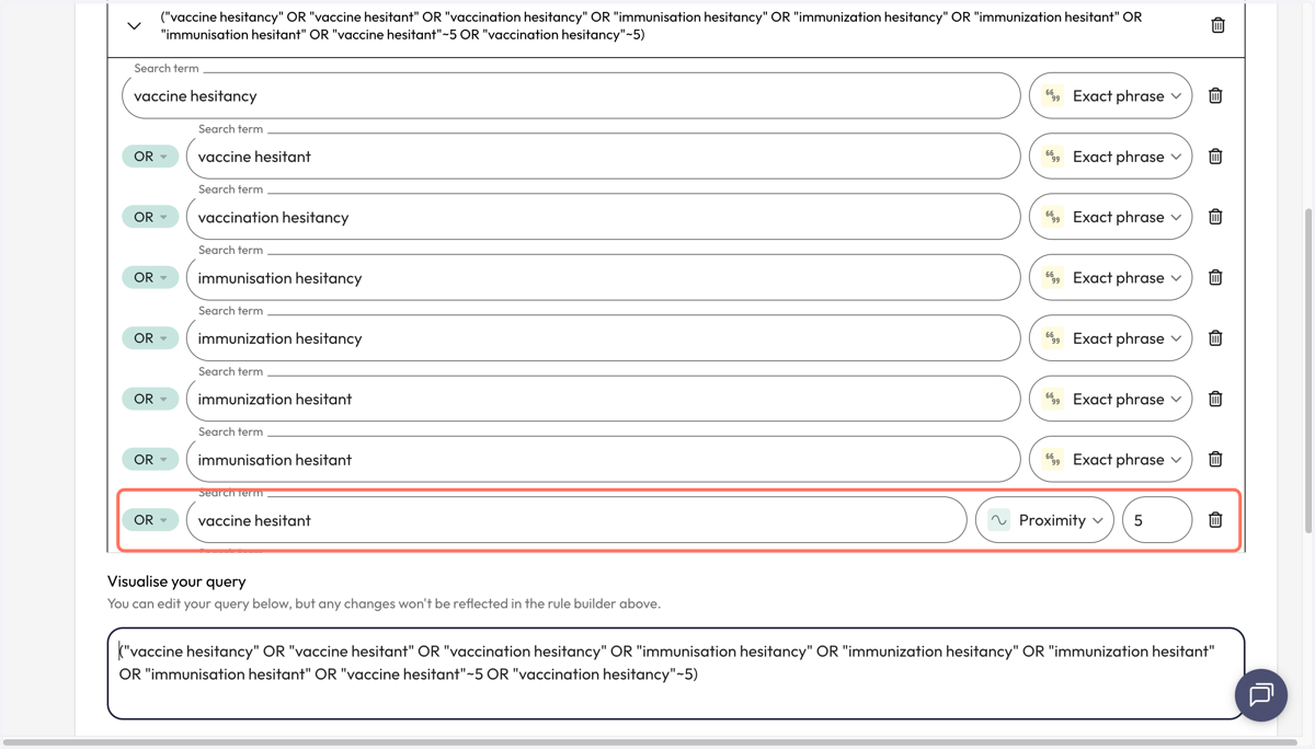 You may also want to consider including a search term using the proximity search to capture variants where the words may not be phrase but close together.