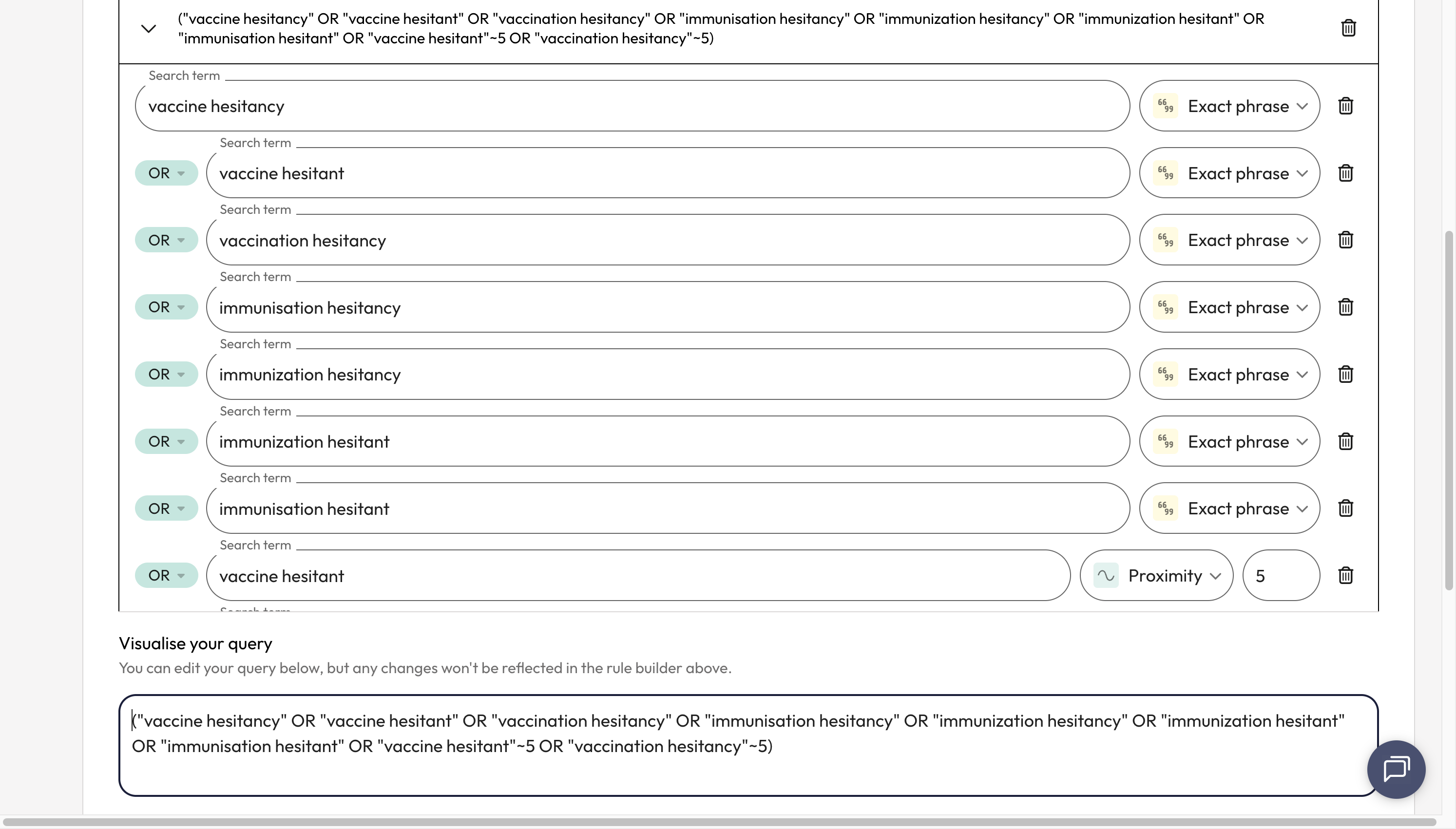 See the visualisation of your entire concept group as a search query visualised in the 'Visualise your query' box.