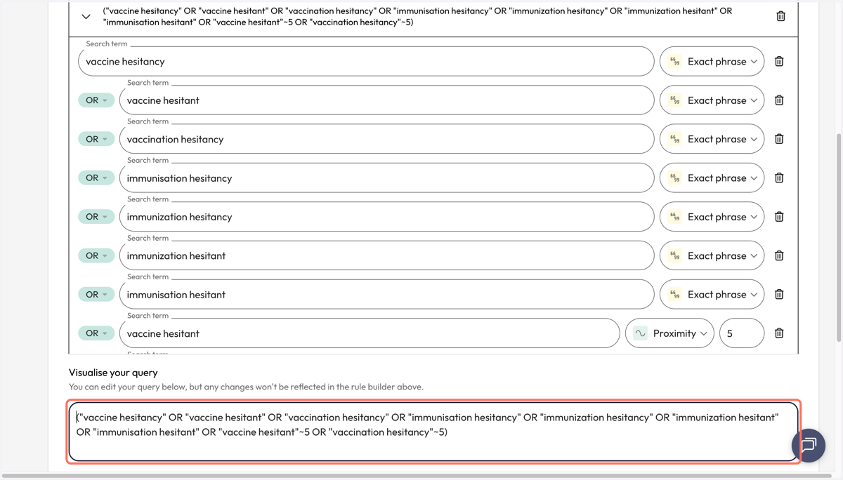 See the visualisation of your entire concept group as a search query visualised in the 'Visualise your query' box.