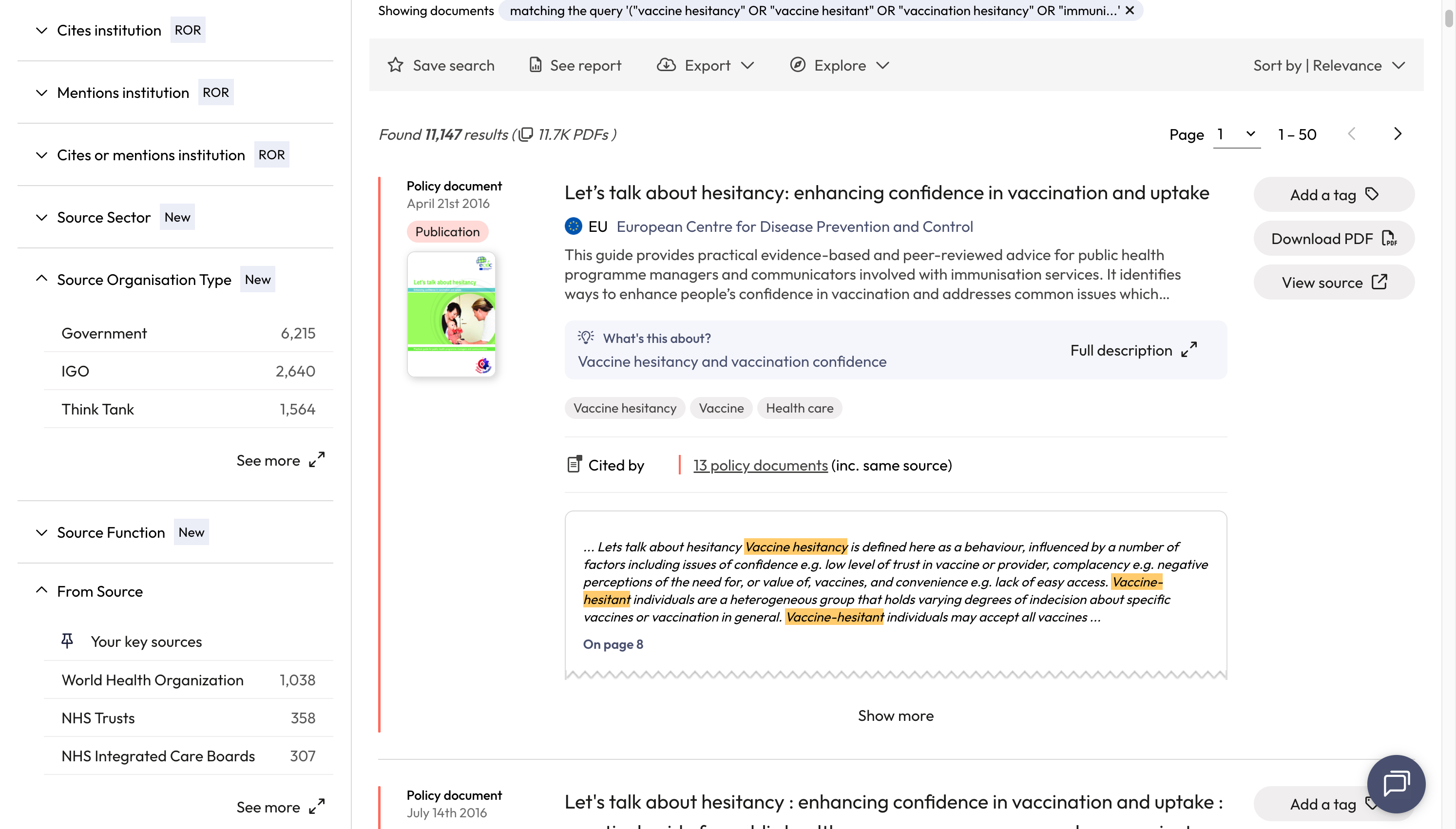 The policy document result will show you the name of the policy document, the policy source and includes a snippet of text will show you where your search term was found in-text by the highlight. We provide the page number so you can investigate furt