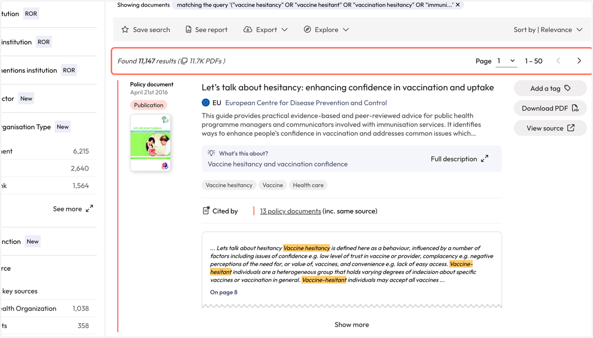 The policy document result will show you the name of the policy document, the policy source and includes a snippet of text will show you where your search term was found in-text by the highlight. We provide the page number so you can investigate furt