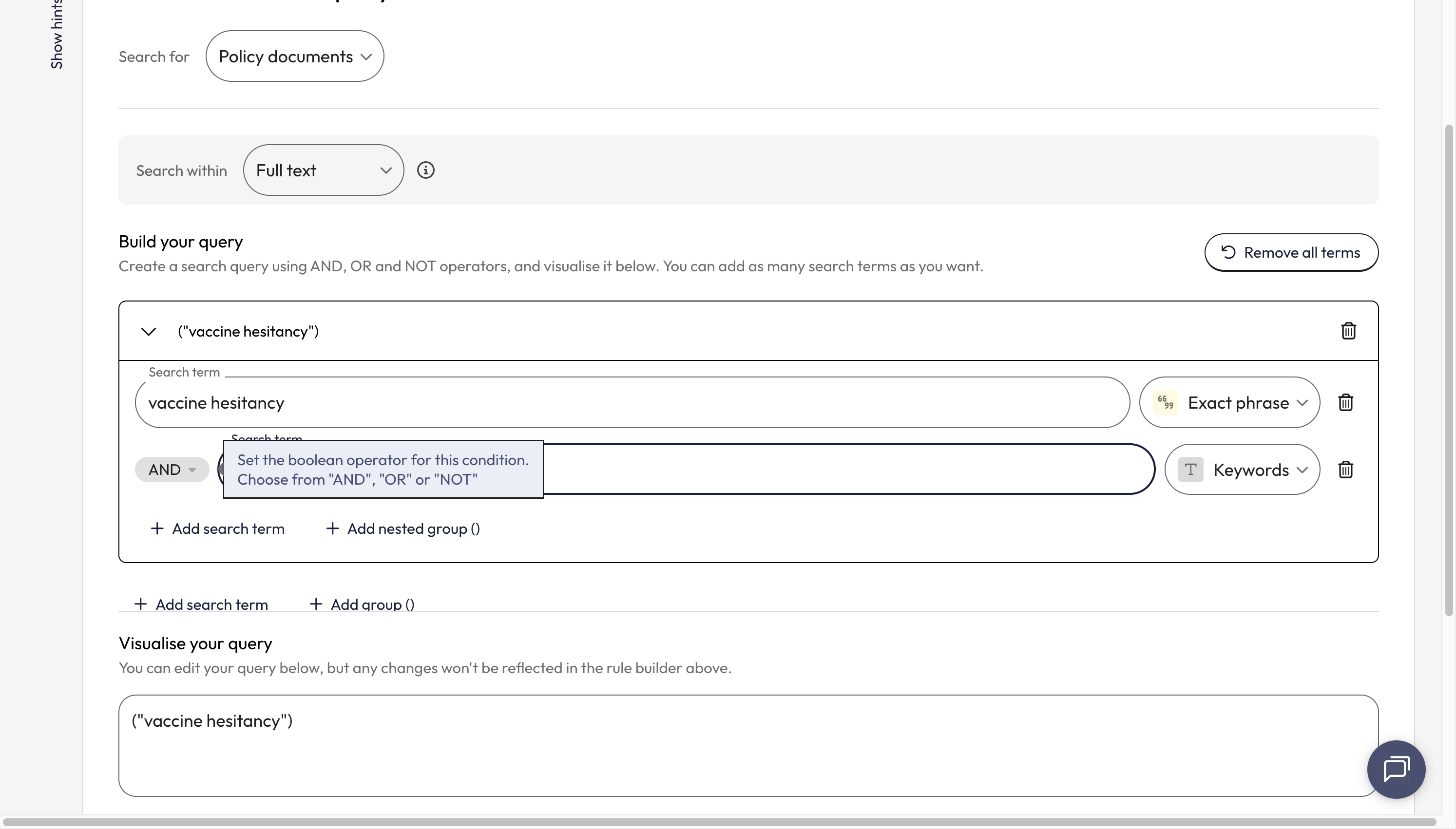 Once the new search line appears, you will also see a box that has Boolean operators which connects each search box/term.
