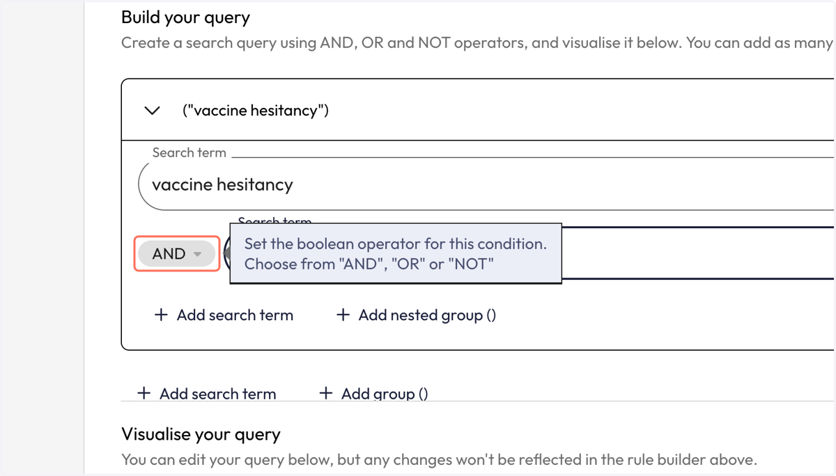Once the new search line appears, you will also see a box that has Boolean operators which connects each search box/term.
