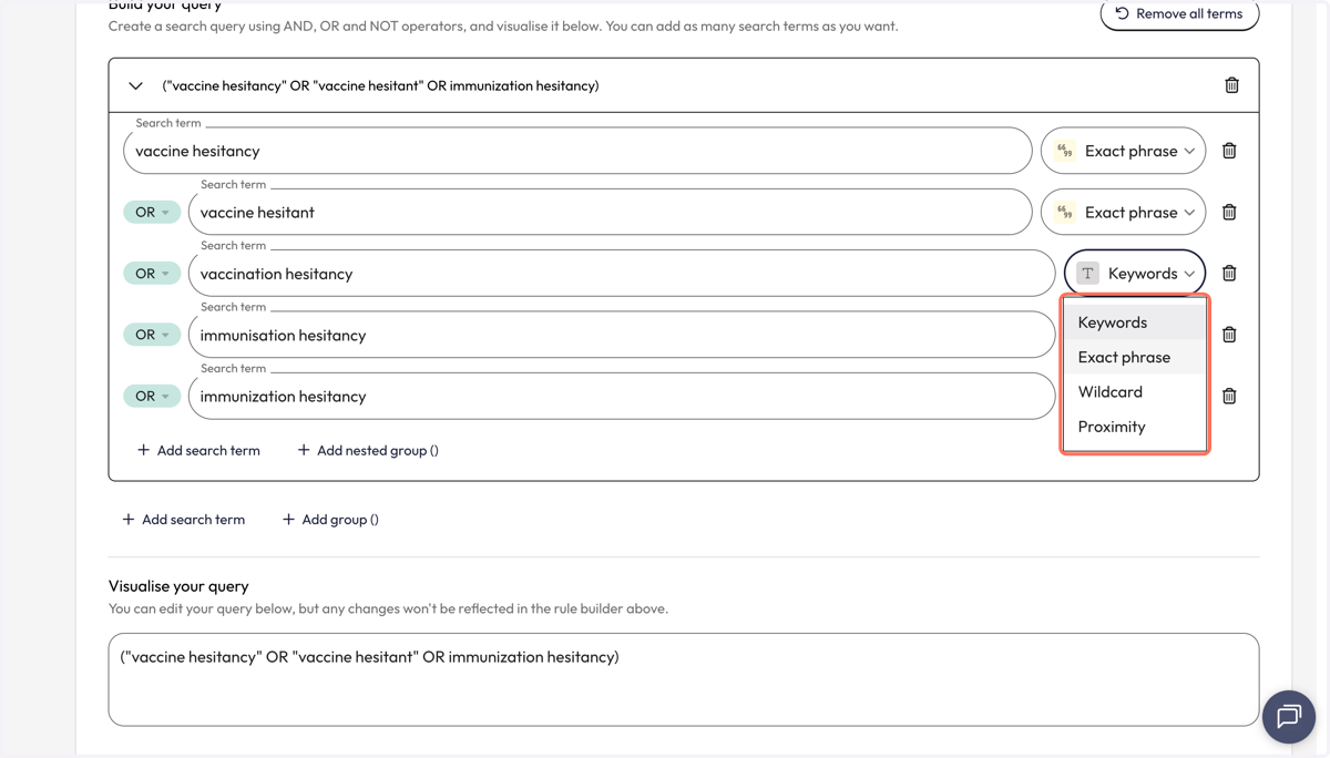 Once you have entered all your search terms use the dropdown menu to the left of the search term to apply a search strategy. In this example, we are searching for terms as exact phrases.