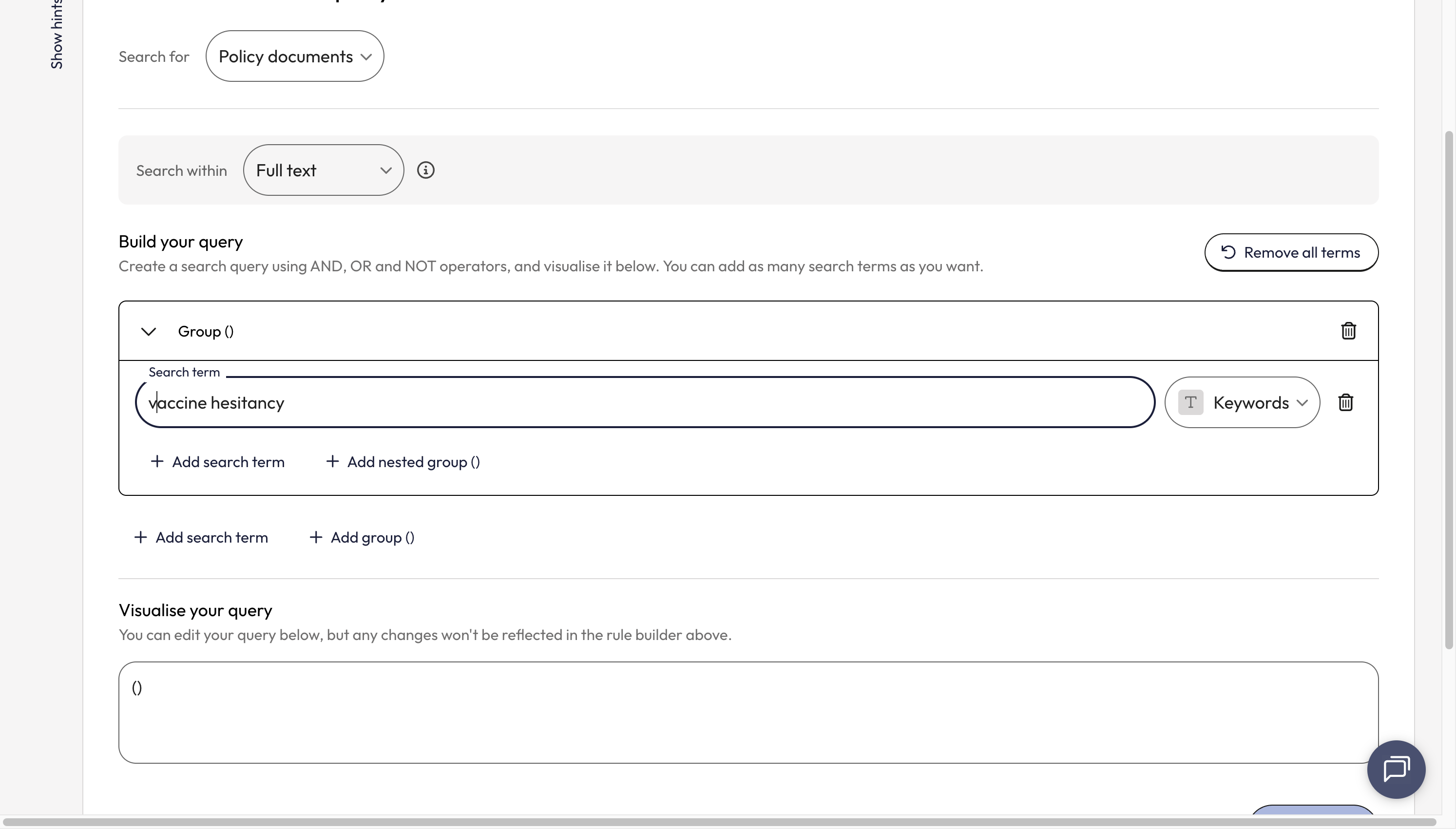Once the group appears, add your first search term to the search box.