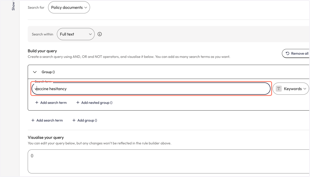 Once the group appears, add your first search term to the search box.