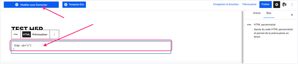 Pour créer un bloc avec Elementor, il faut cliquez sur le bouton bleu. Si c'est Gutemberg, vous pouvez directement intégrer le code.