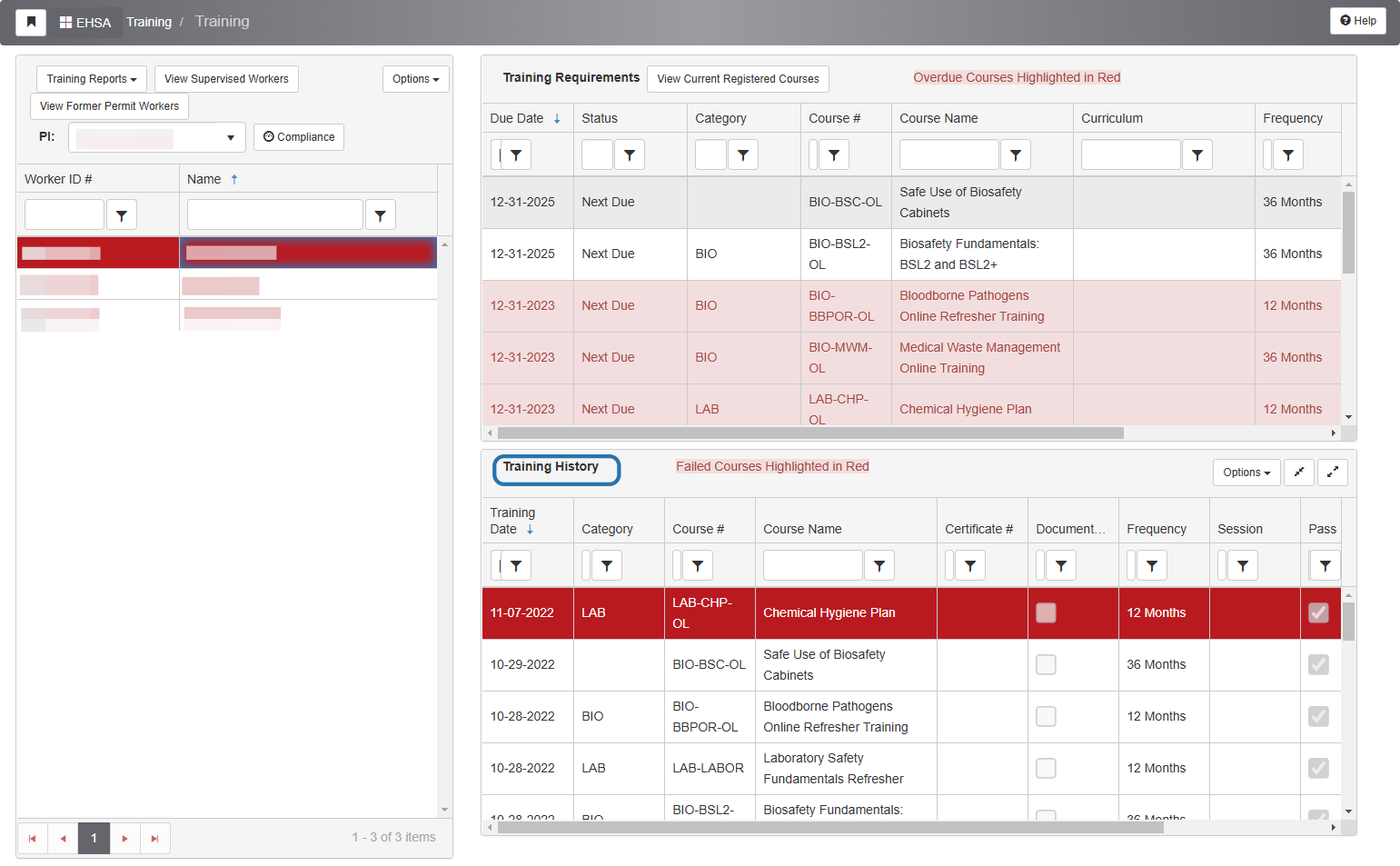 Clicking on a worker name in the "Worker Table" will populate the "Training Requirements" and "Training History" tables on the right.