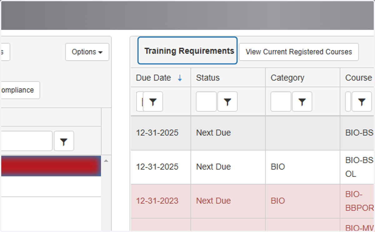 Clicking on a worker name in the "Worker Table" will populate the "Training Requirements" and "Training History" tables on the right.
