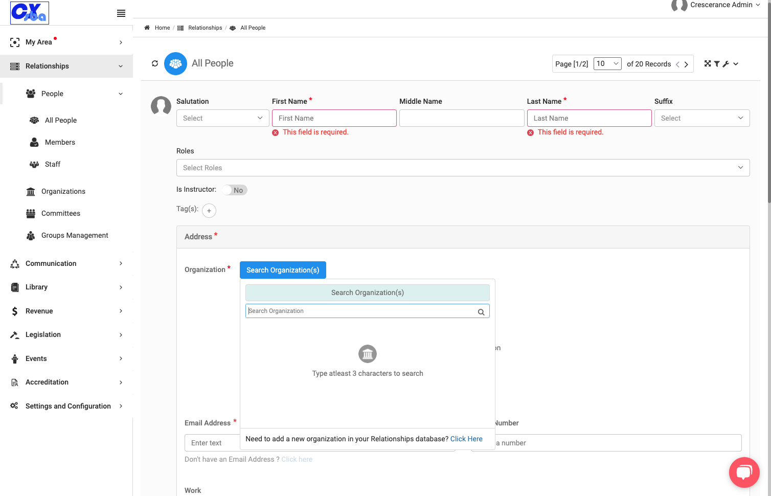 Either search for an existing organization or add a new organization to the database