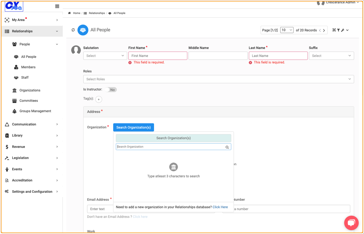 Either search for an existing organization or add a new organization to the database